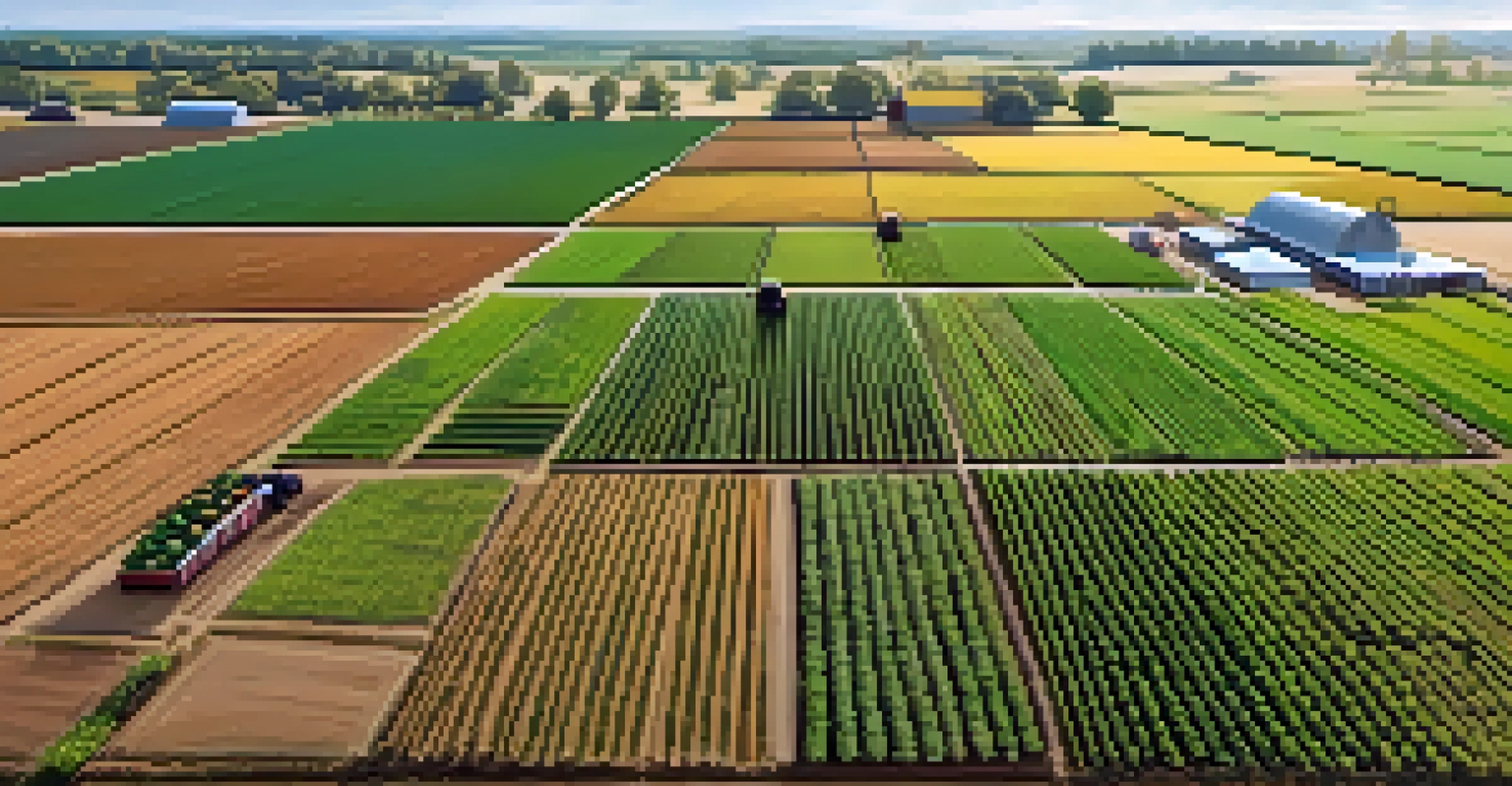 An aerial view of a modern farm with drones and a farmer using a tablet to monitor crops.