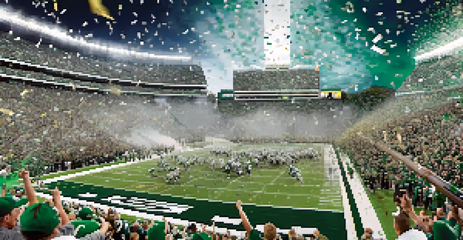 Excited fans in green and white at an MSU football game in Spartan Stadium, with confetti flying and a scoreboard reflecting a tight score, showcasing the energy of college sports.
