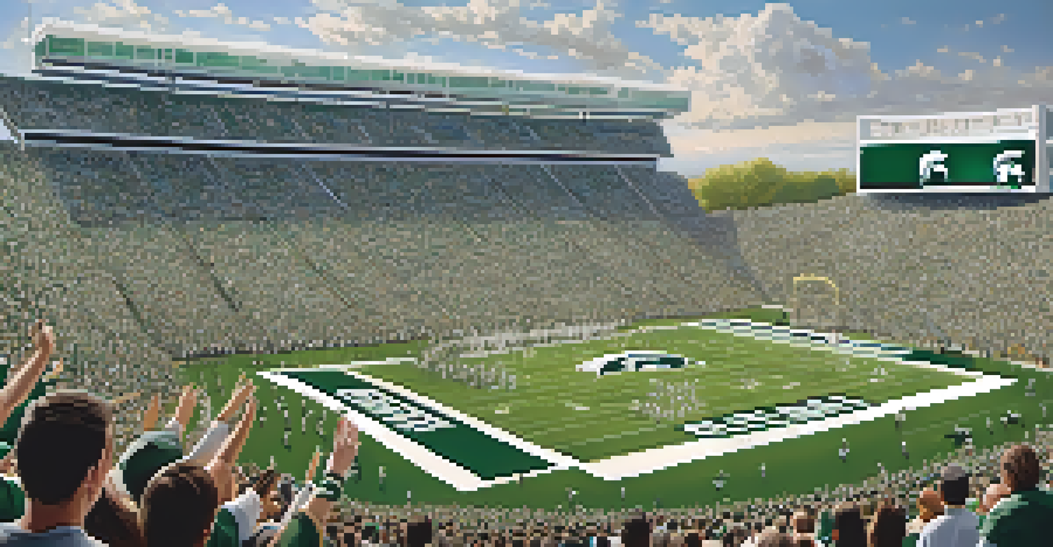 Excited fans at a Michigan State University football game, wearing green and white jerseys in a packed stadium.