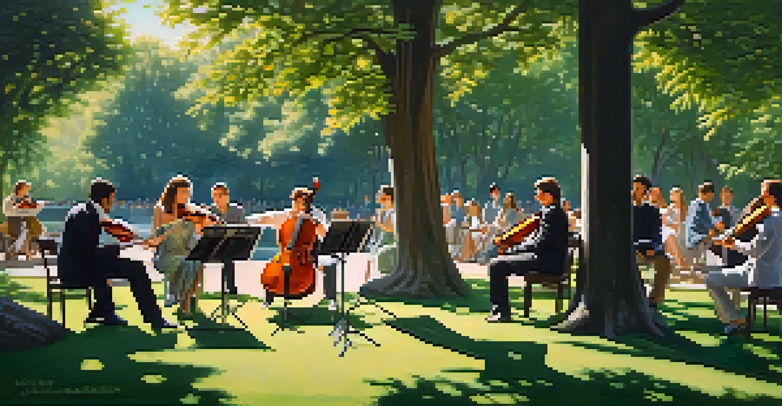 Musicians performing in a park with an audience enjoying the outdoor concert.