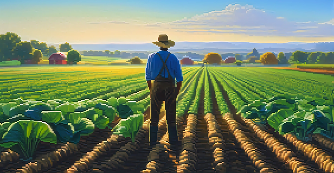 A farmer inspecting a colorful field of diverse crops under a bright blue sky, emphasizing sustainable agriculture.
