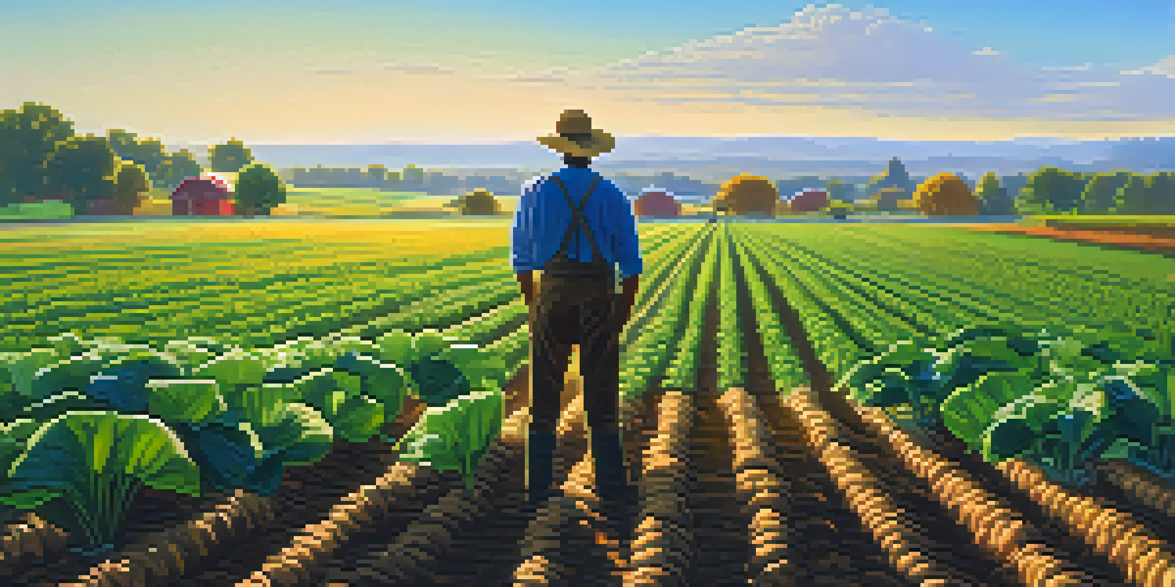 A farmer inspecting a colorful field of diverse crops under a bright blue sky, emphasizing sustainable agriculture.