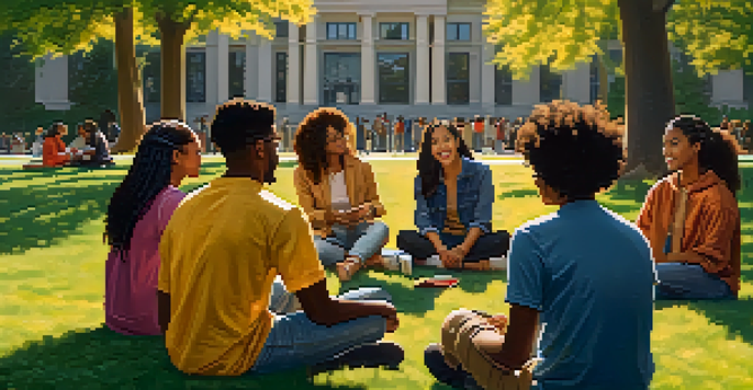 A group of diverse university students discussing together on a sunny campus lawn, surrounded by trees.