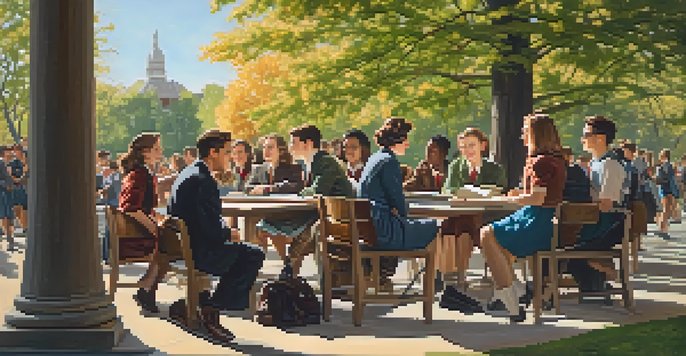 A historical portrait of John A. Hannah with students at Michigan State University, featuring a sunny campus setting.