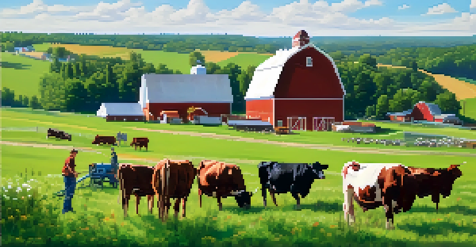 Students planting crops on a farm at Michigan State University, with a red barn and grazing cows in the background.
