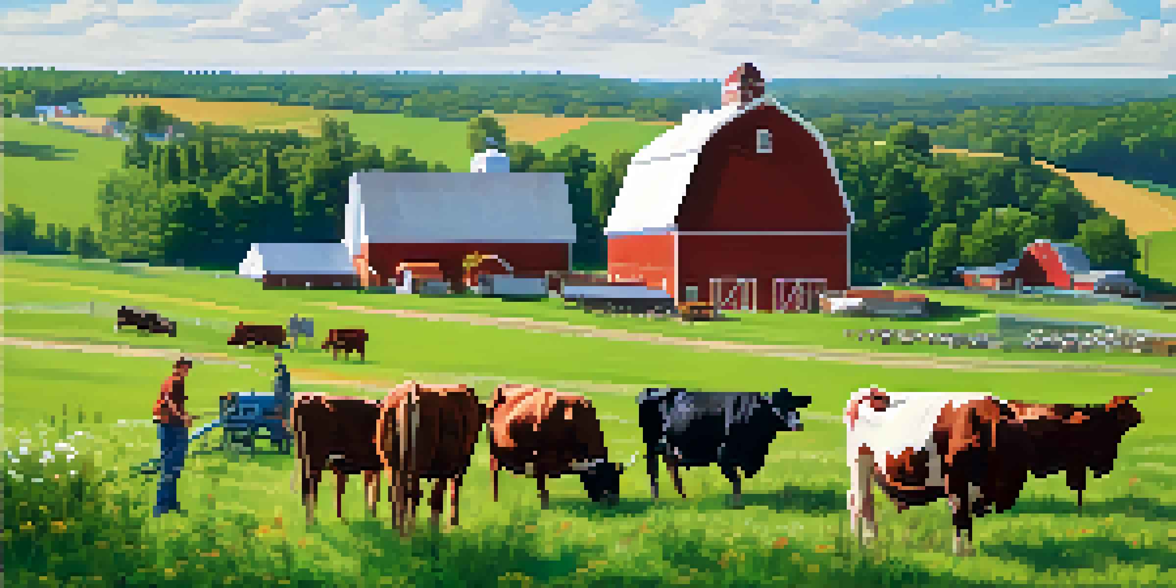 Students planting crops on a farm at Michigan State University, with a red barn and grazing cows in the background.