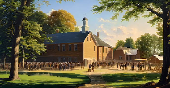 A historic depiction of Michigan State University in 1855 with students in period clothing around a rustic wooden building and farmland under a clear blue sky.