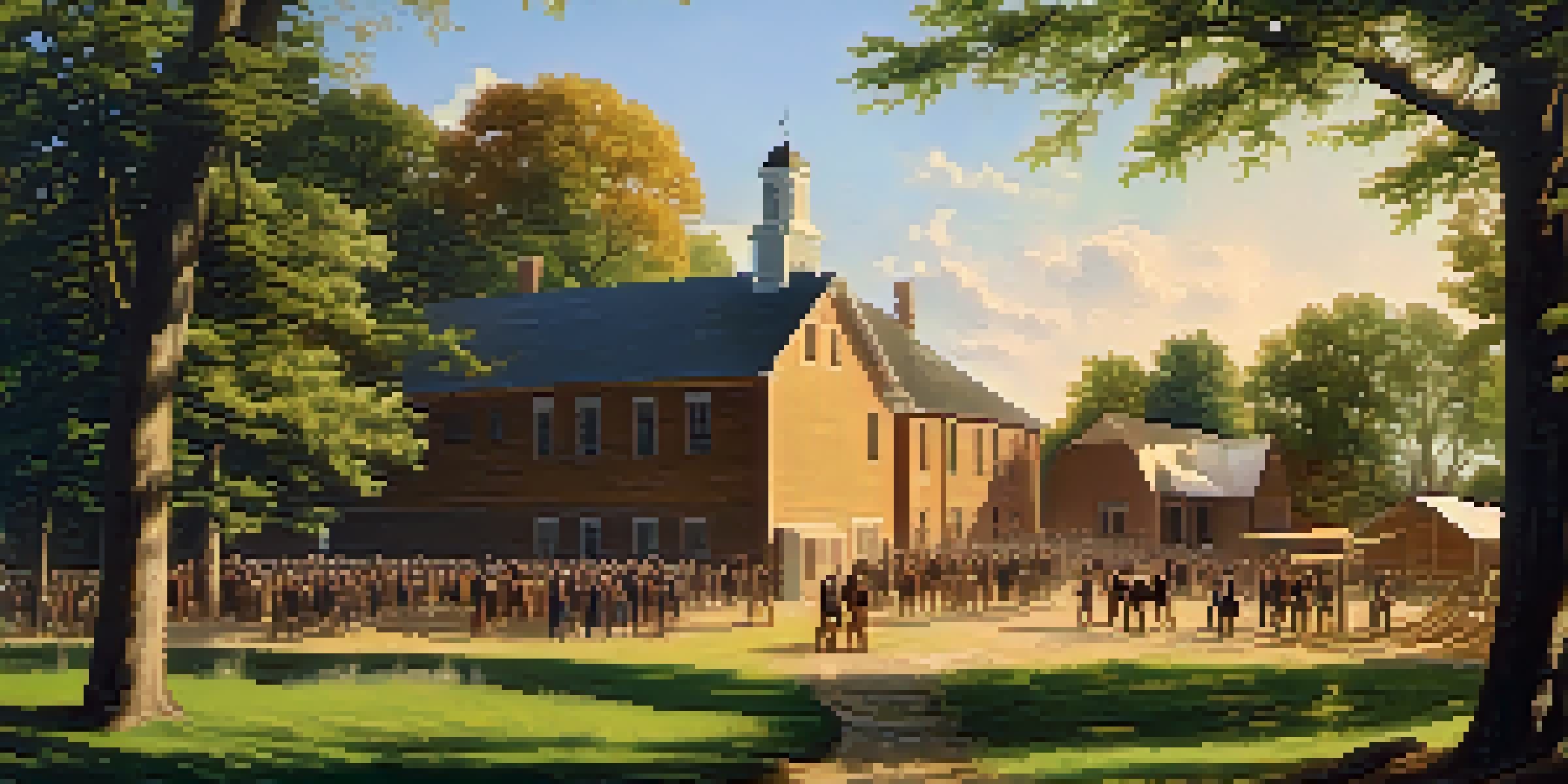 A historic depiction of Michigan State University in 1855 with students in period clothing around a rustic wooden building and farmland under a clear blue sky.