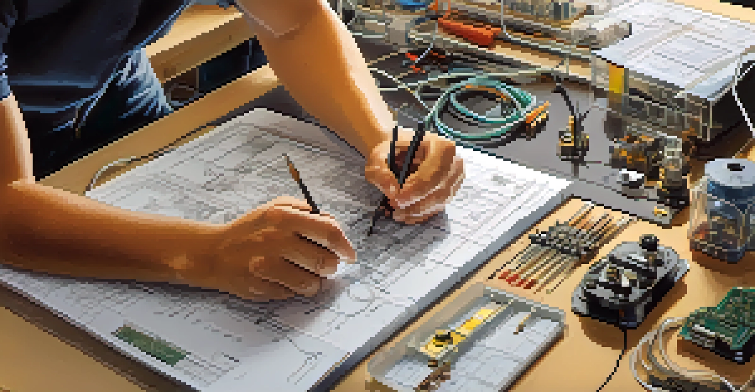 A close-up of a student working on a prototype for a sustainable energy device, with tools and technical drawings around them, illuminated by warm light.