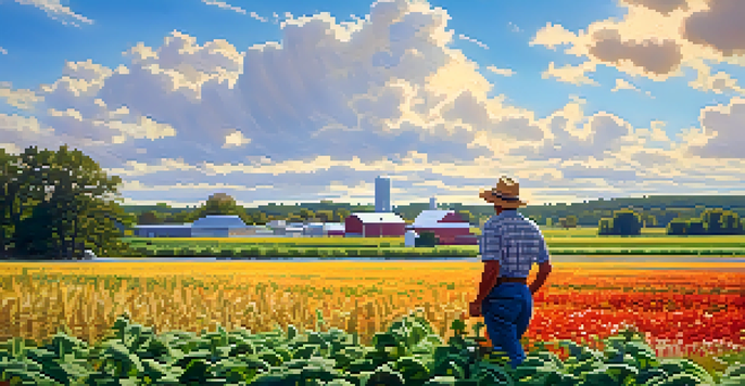A farmer examines a diverse crop field in Michigan, with university buildings in the background under a clear blue sky.