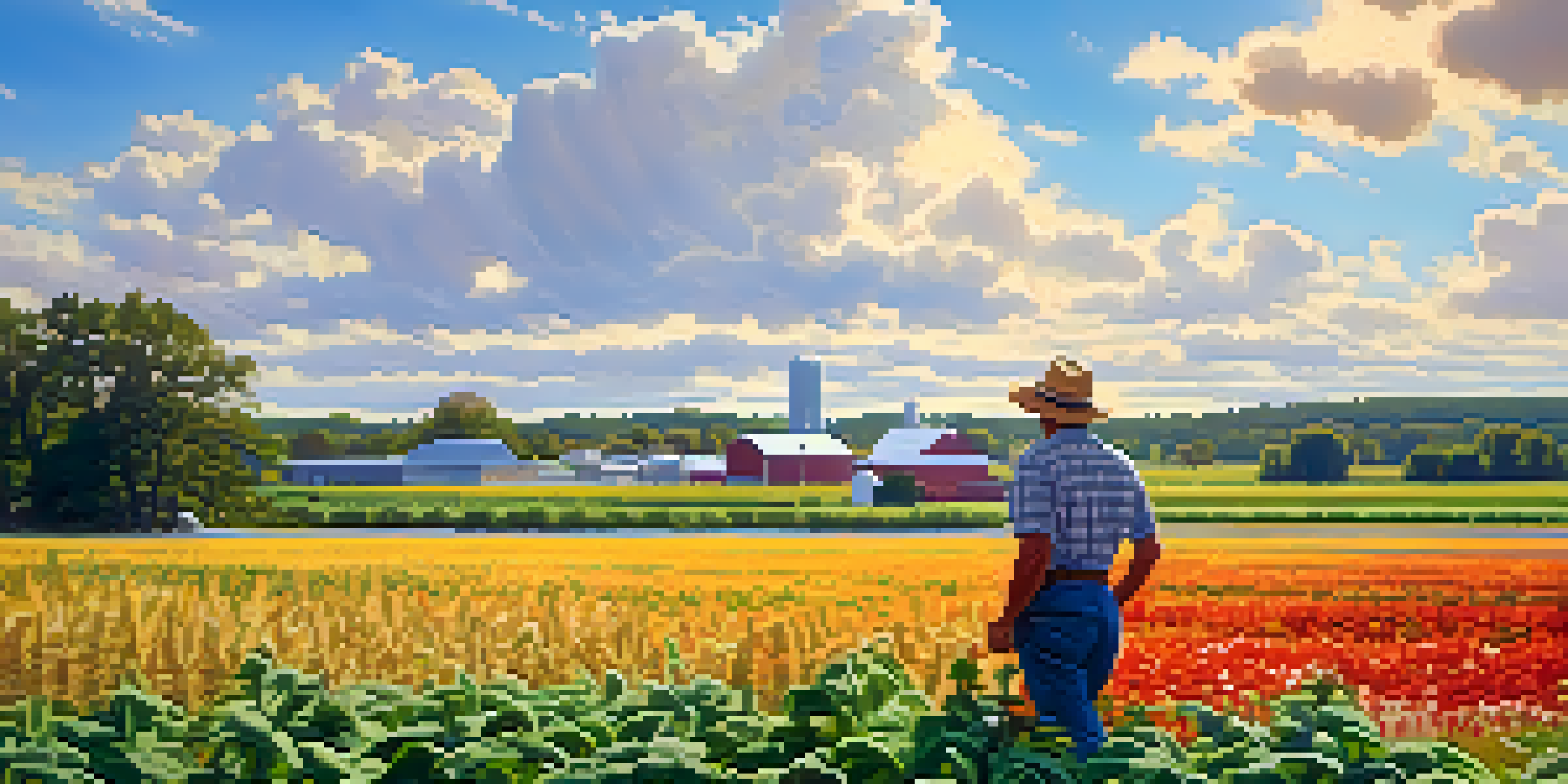 A farmer examines a diverse crop field in Michigan, with university buildings in the background under a clear blue sky.