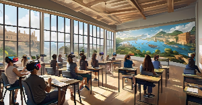 A university classroom where students are wearing virtual reality headsets, engaged in learning about ancient civilizations with digital graphics around them.