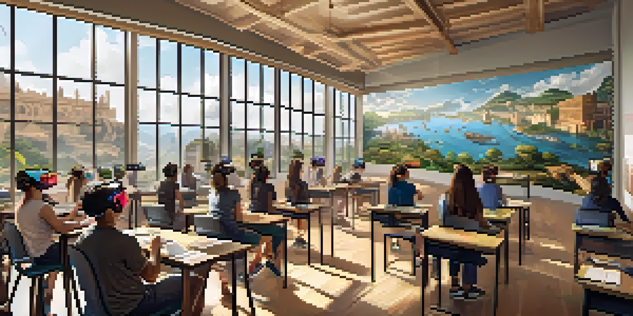 A university classroom where students are wearing virtual reality headsets, engaged in learning about ancient civilizations with digital graphics around them.