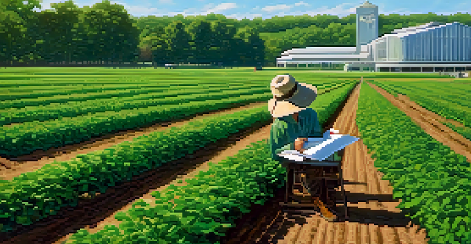 A farmer and a researcher in a vibrant agricultural field at Michigan State University, with crops in rows and campus buildings in the background.