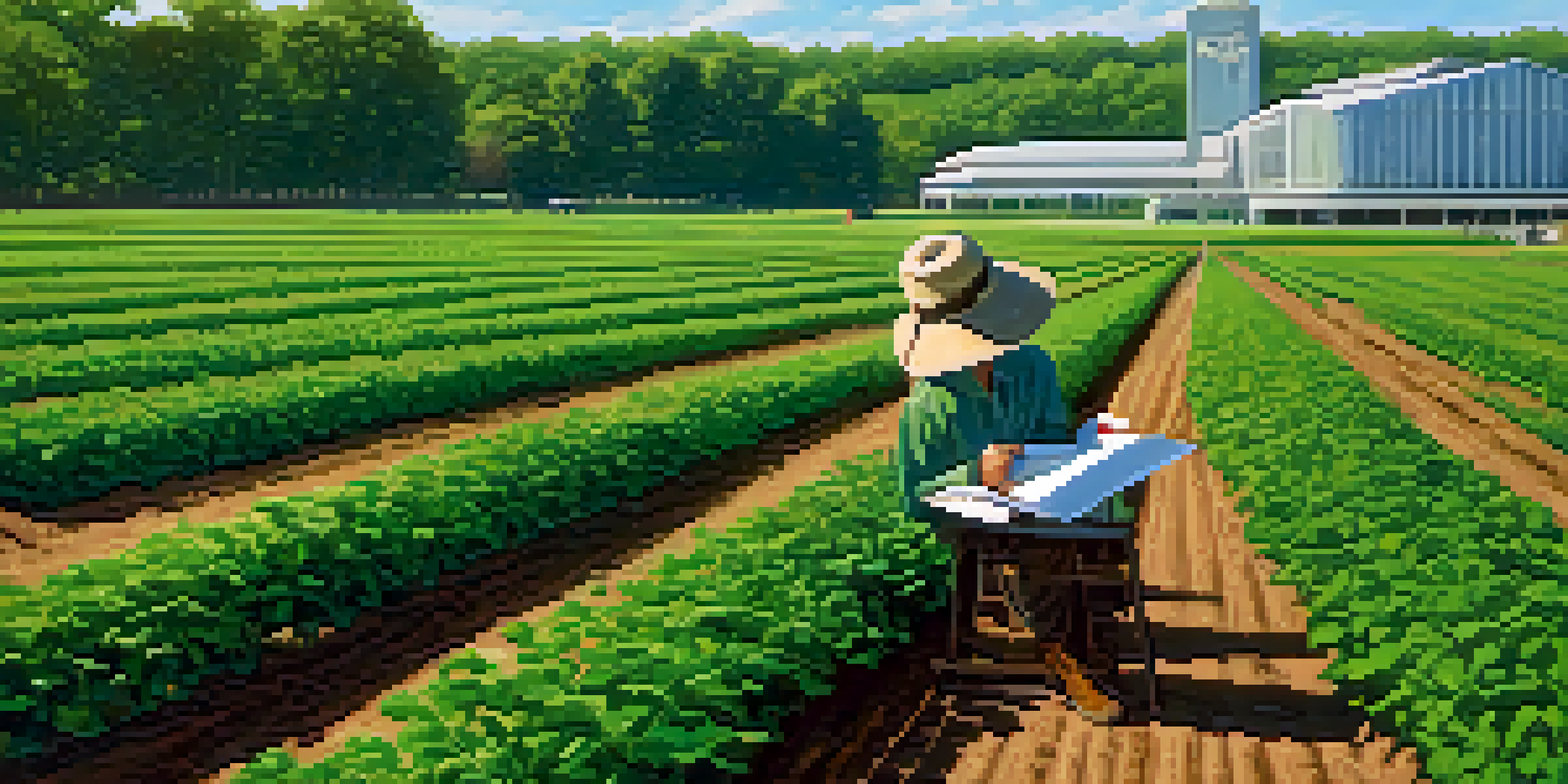 A farmer and a researcher in a vibrant agricultural field at Michigan State University, with crops in rows and campus buildings in the background.