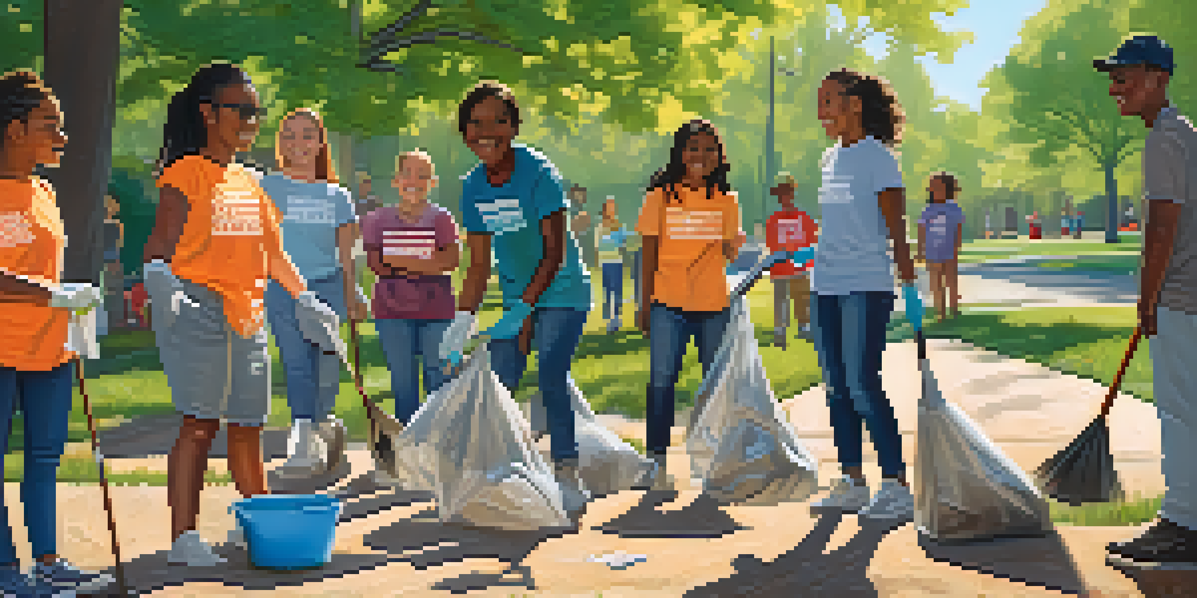 A group of diverse students actively participating in a community clean-up at a park, smiling and collecting litter, with families joining in the background under sunny weather.