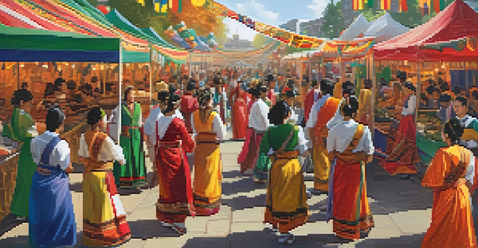 A lively cultural festival at Michigan State University with students in traditional clothing, colorful decorations, and food stalls.