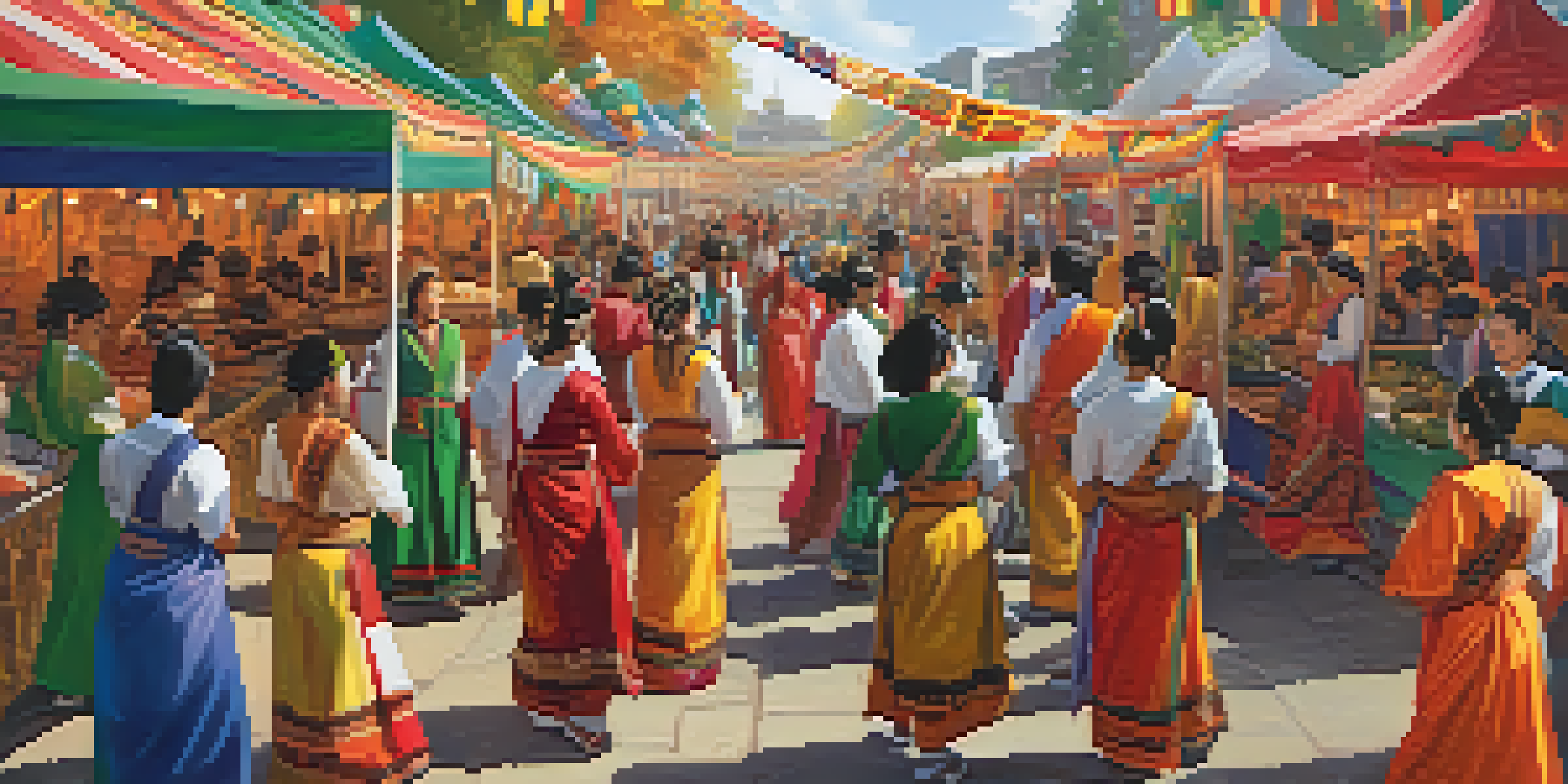 A lively cultural festival at Michigan State University with students in traditional clothing, colorful decorations, and food stalls.