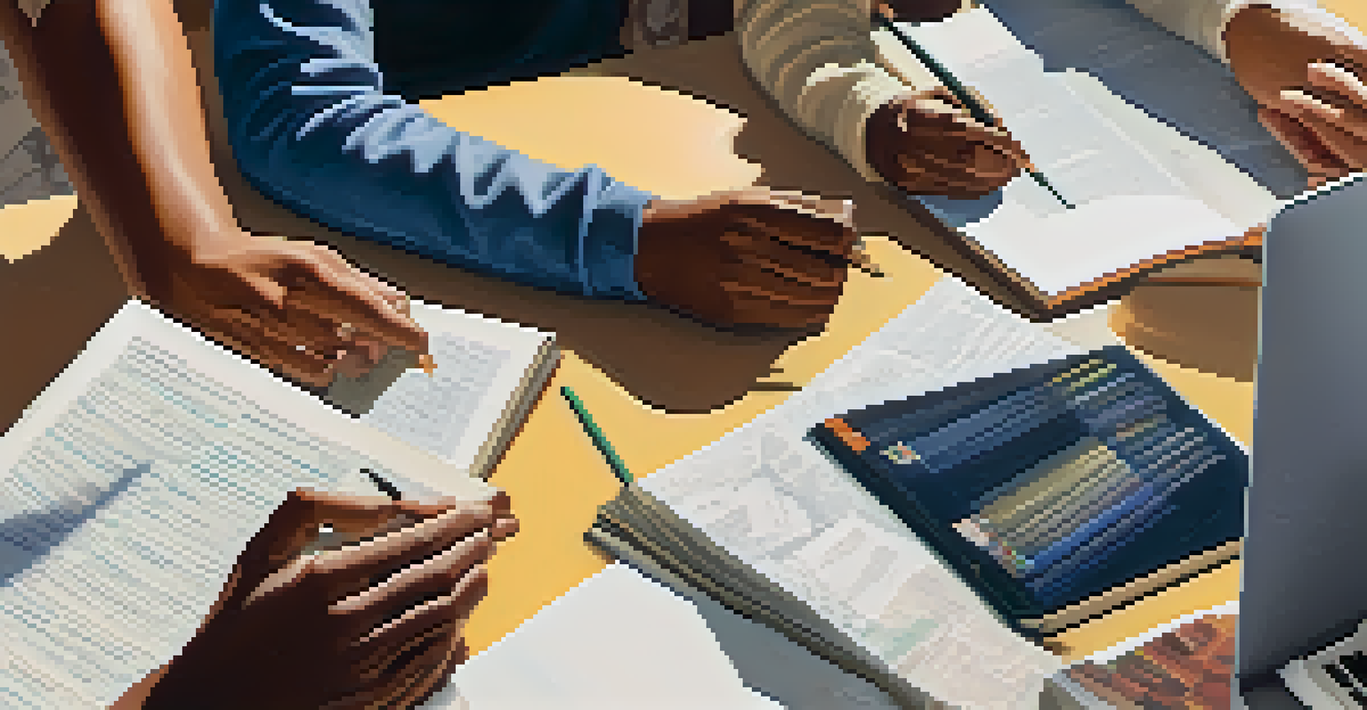 Hands of diverse students working together on a project with books and laptops.