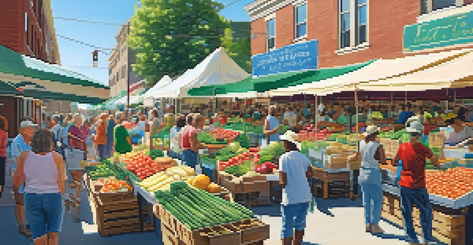 A lively community farmer's market with local farmers and shoppers exchanging fresh produce under a sunny sky.