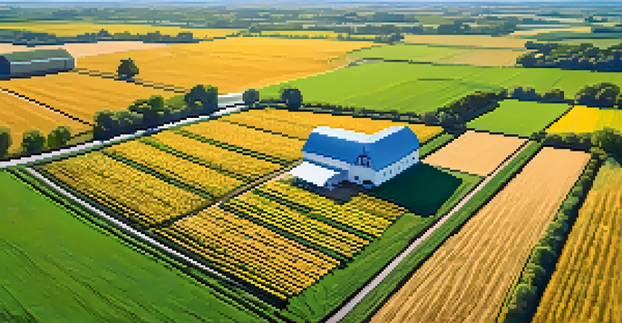 An aerial view of a colorful modern farm with segmented fields, GPS markers, and drones in the sky.