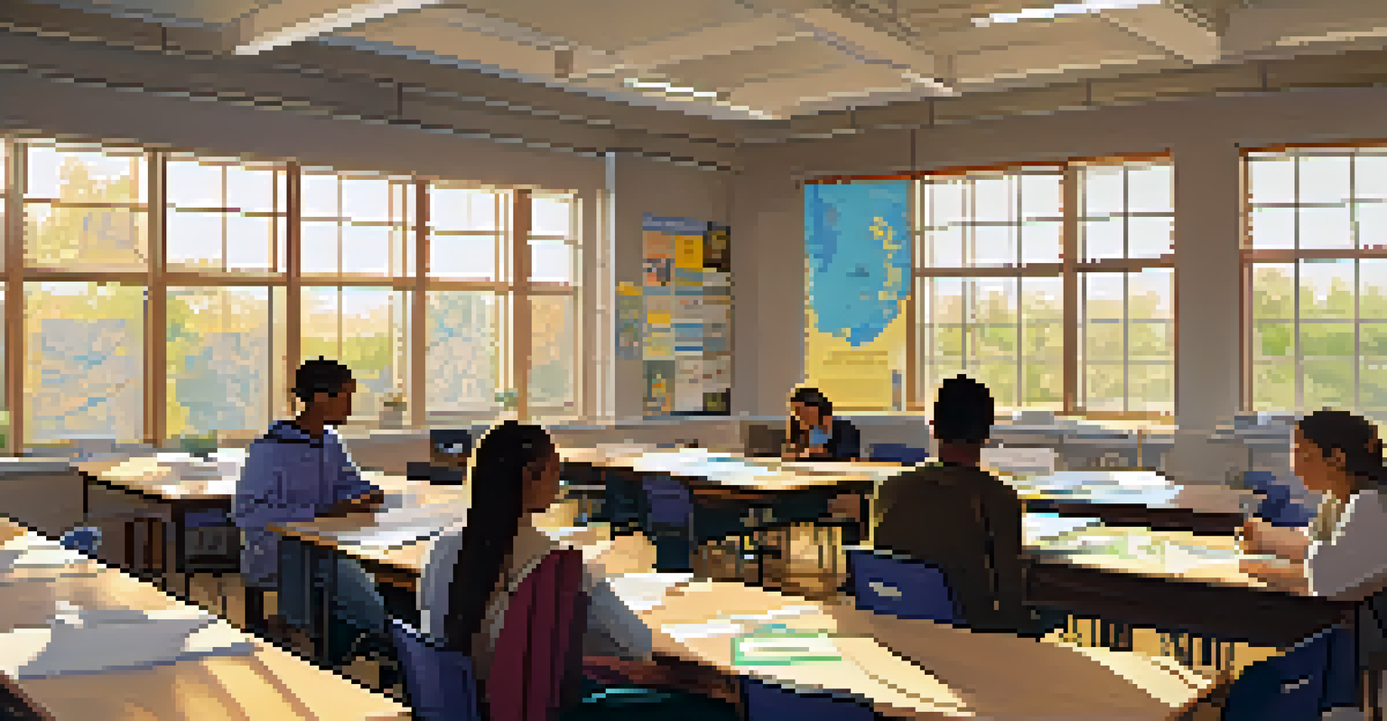 Students participating in a global health workshop at MSU, discussing and collaborating in a classroom decorated with maps and health challenge posters.