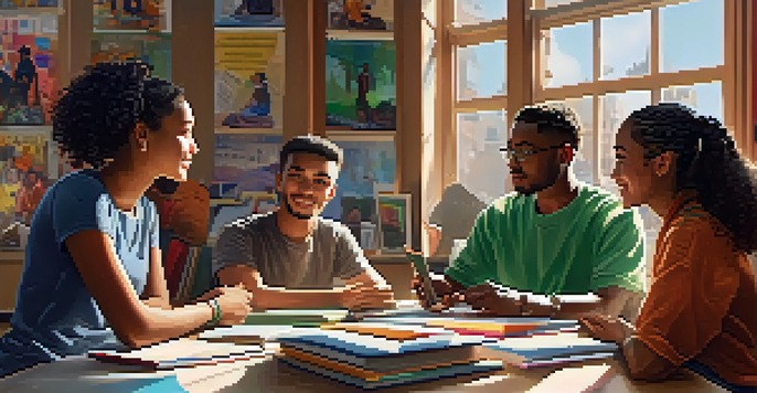 A diverse group of university students engaged in discussion with books and laptops in a modern classroom, illuminated by soft natural light.