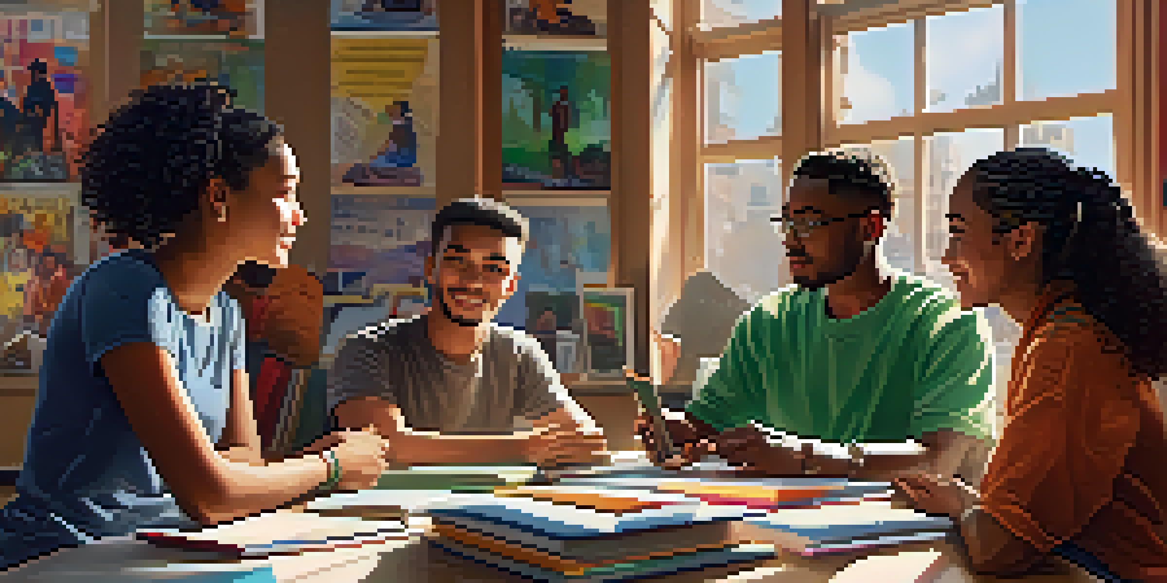 A diverse group of university students engaged in discussion with books and laptops in a modern classroom, illuminated by soft natural light.