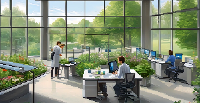 Researchers in a modern lab at Michigan State University, surrounded by greenery and engaged in discussions, with natural light coming through large windows.