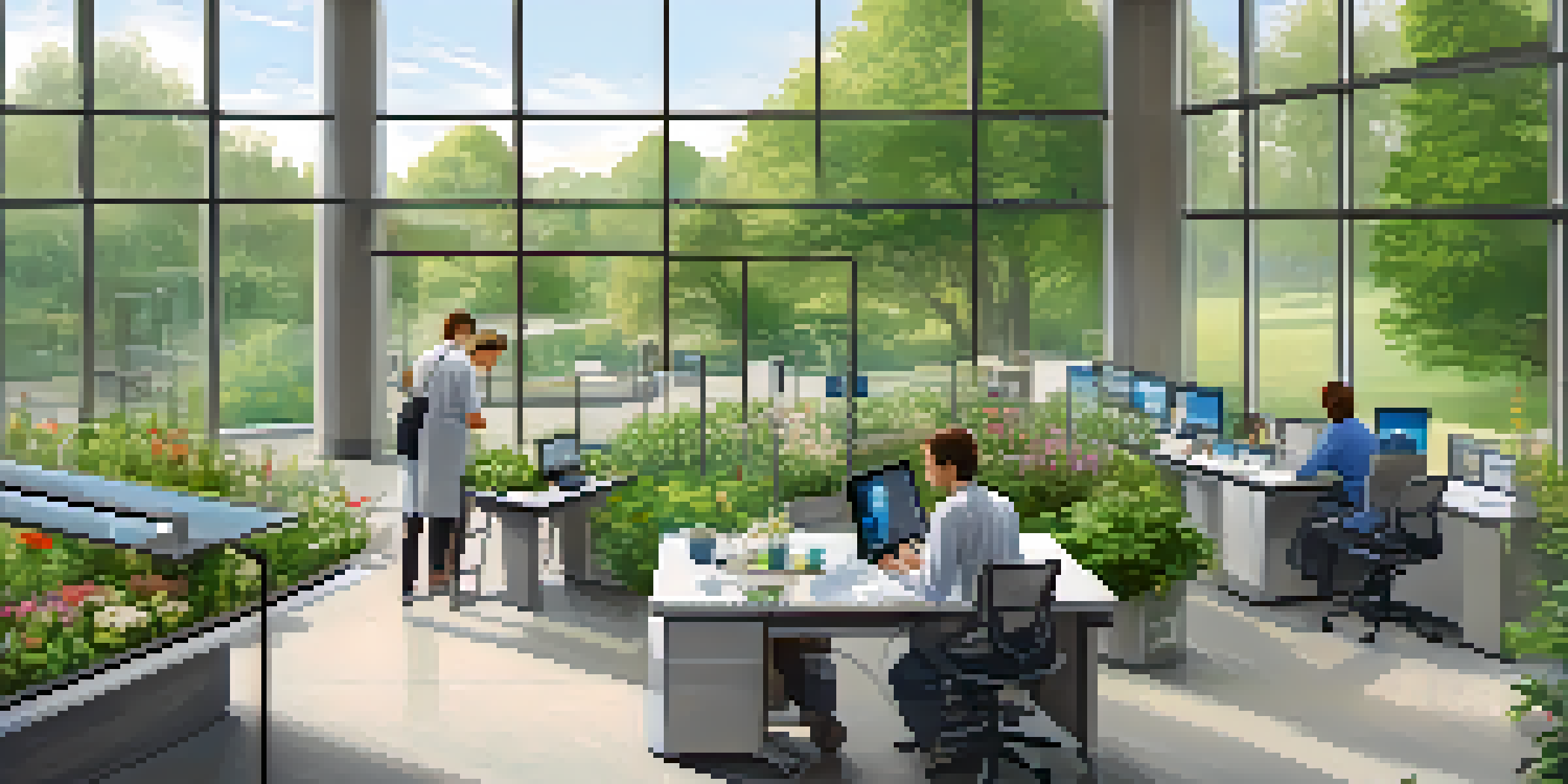 Researchers in a modern lab at Michigan State University, surrounded by greenery and engaged in discussions, with natural light coming through large windows.