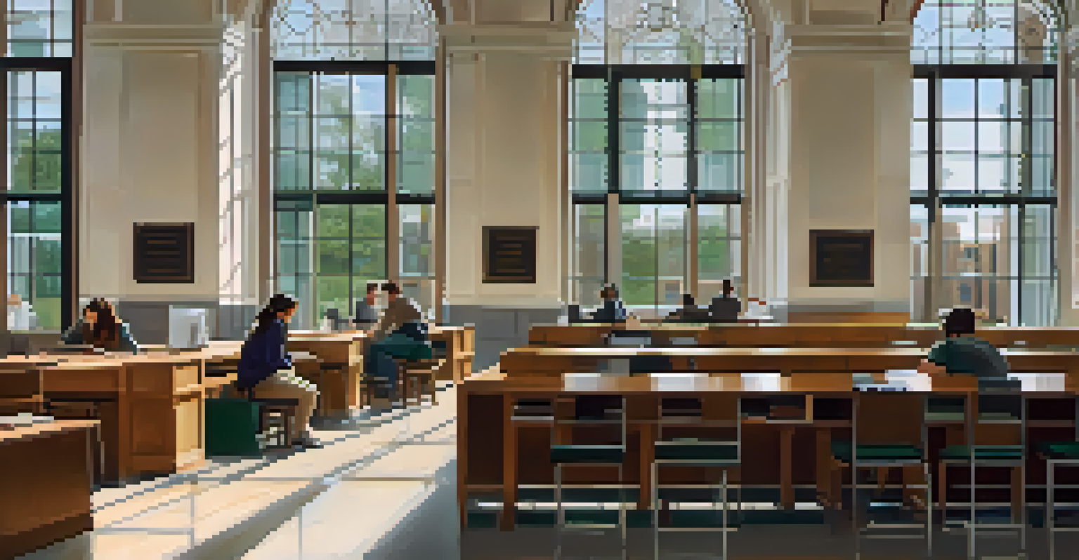 A close-up image of a university library showcasing architectural details, large windows, and students engaged in reading and collaboration.