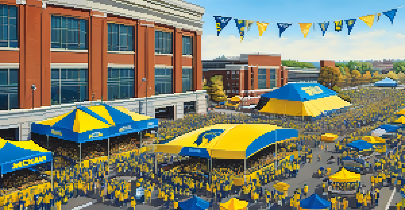 An aerial view of a lively tailgate party with colorful tents and fans celebrating before a Michigan vs. Michigan State game.