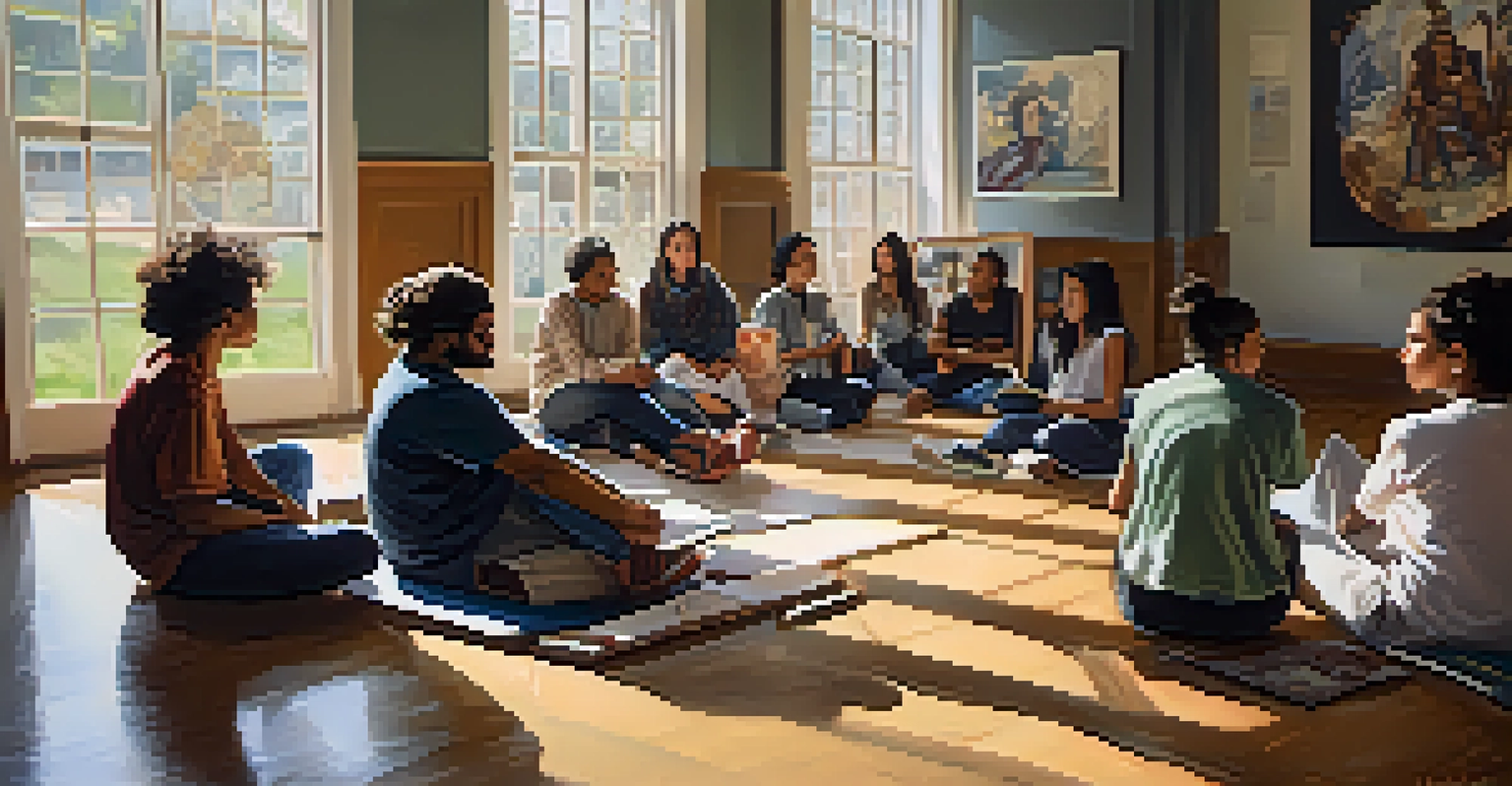 A workshop at Michigan State University with students sharing stories in a circle, surrounded by cultural artifacts.