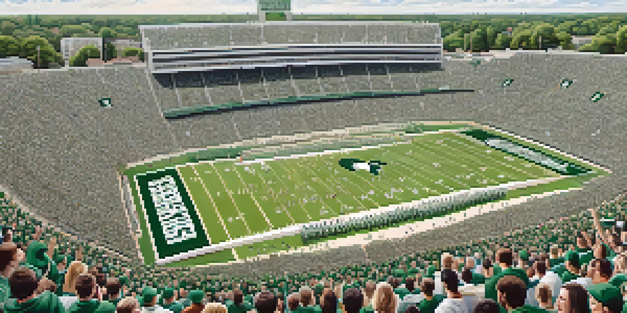 Aerial view of Spartan Stadium packed with enthusiastic fans in green and white, under a clear blue sky.