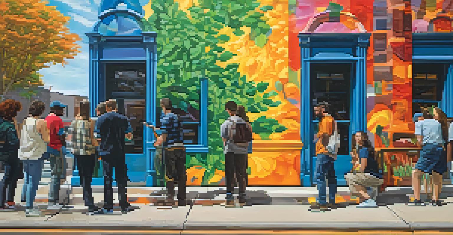 A Michigan State University graduate painting a colorful mural on a city wall while onlookers admire the artwork.