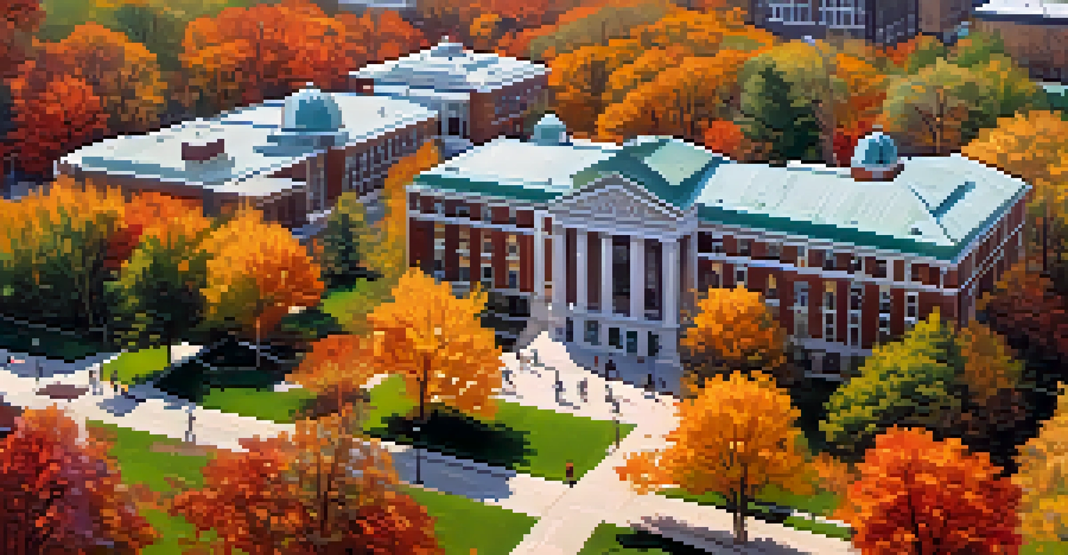 Aerial view of Michigan State University campus in fall, showcasing colorful trees and students walking on campus paths.