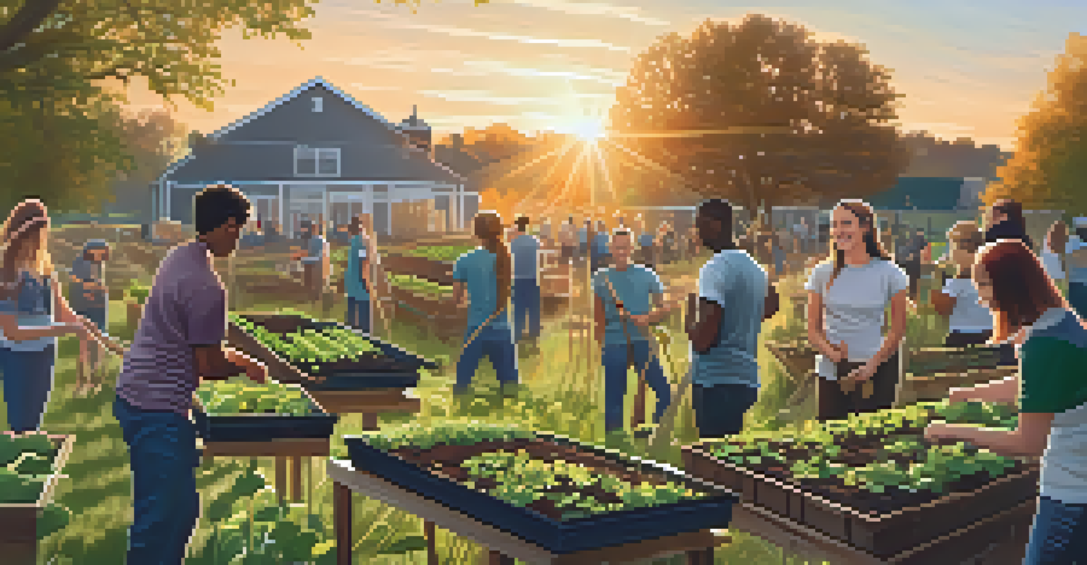 MSU students volunteering in a community garden, planting seedlings alongside local residents during a sunset.