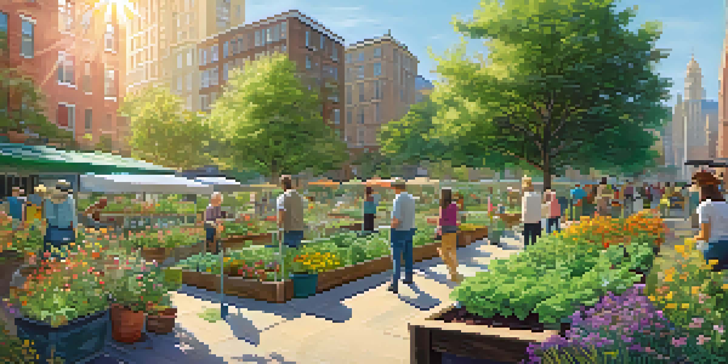 A community garden with people planting vegetables and herbs in an urban setting, under sunny skies.