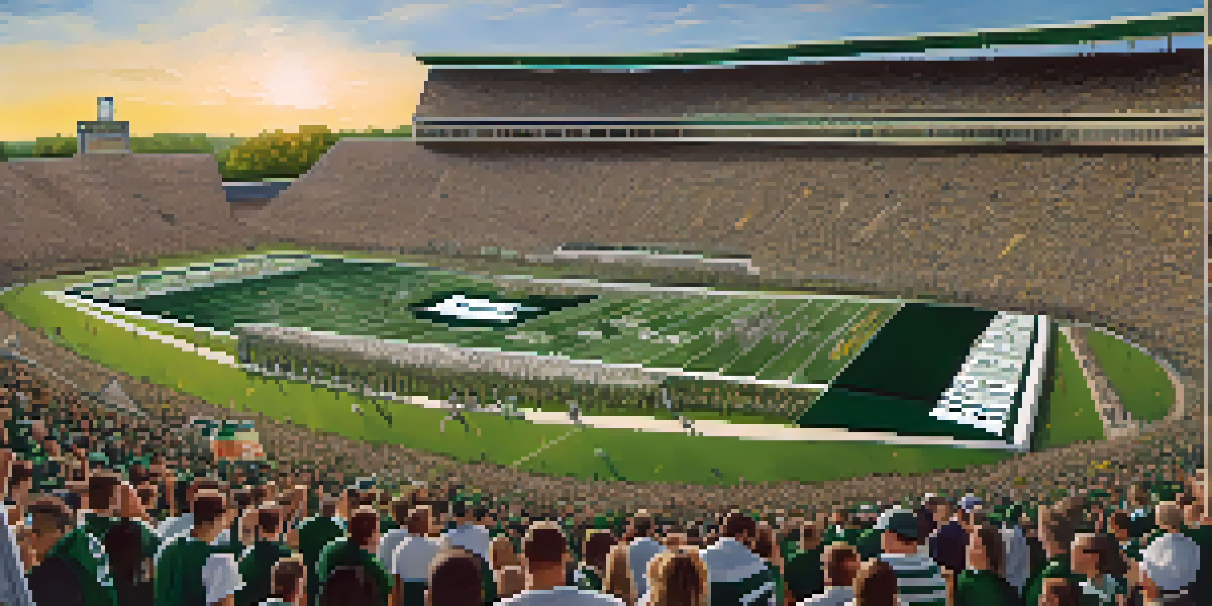 A crowded Spartan Stadium with fans in green and white colors cheering for the Michigan State football team, under a clear sky.