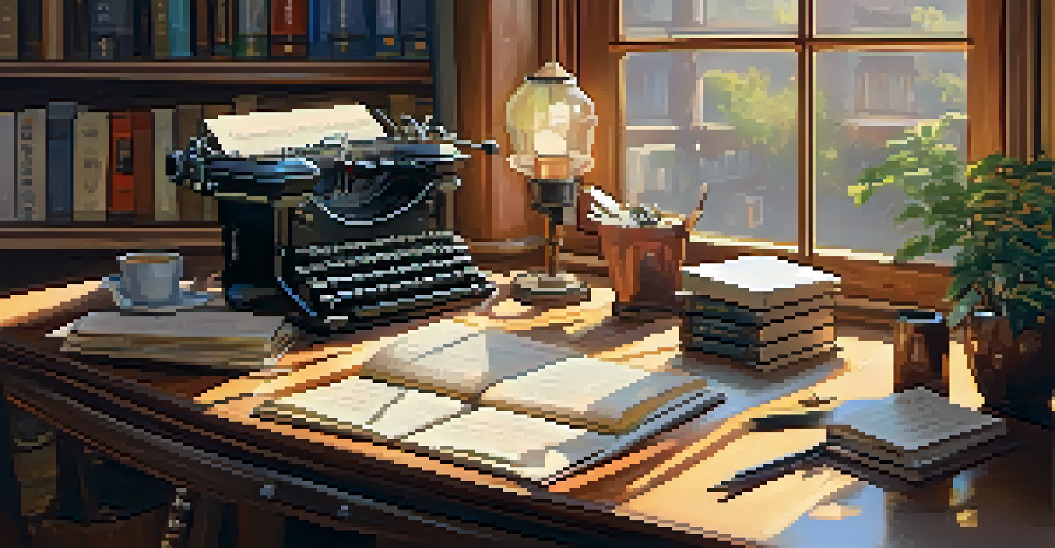 A writer's nook with a typewriter, books, and a warm atmosphere filled with sunlight.