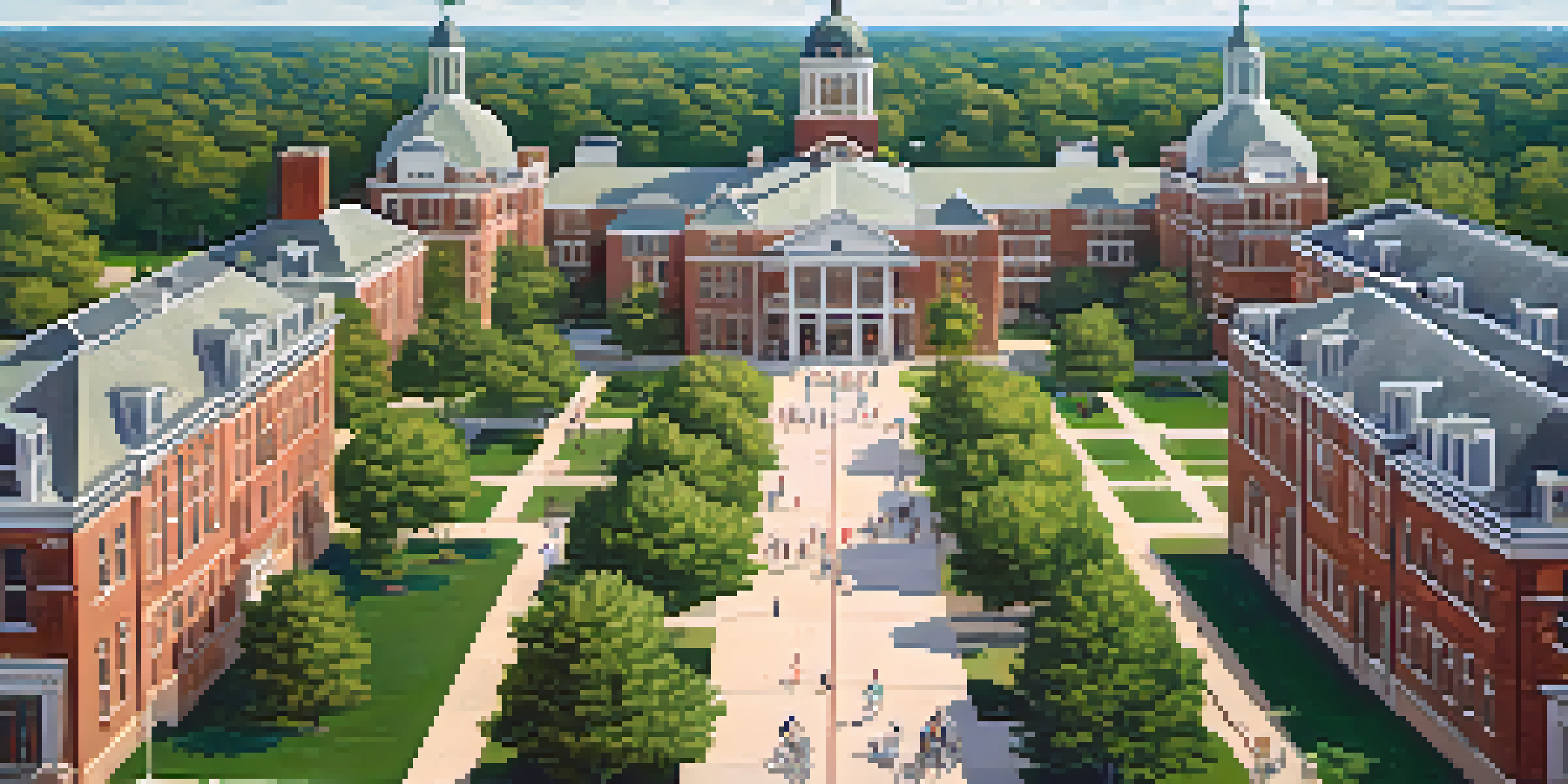 Aerial view of Michigan State University campus with red-brick buildings and green trees, featuring students walking and biking.