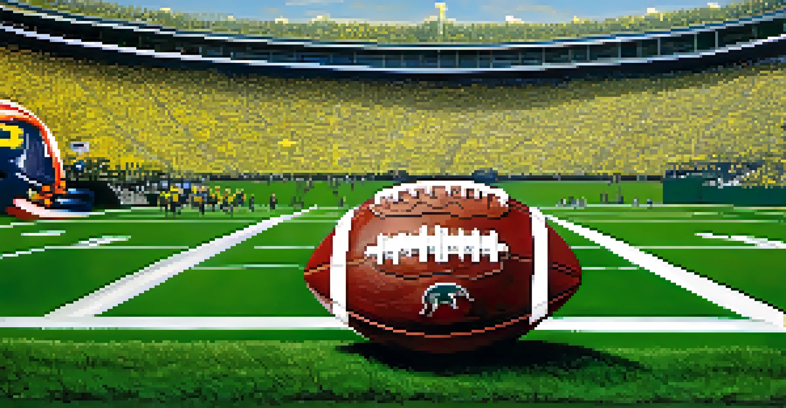 A close-up of a football on a green field, featuring the logos of Michigan State and Michigan, with blurred fans in the background.