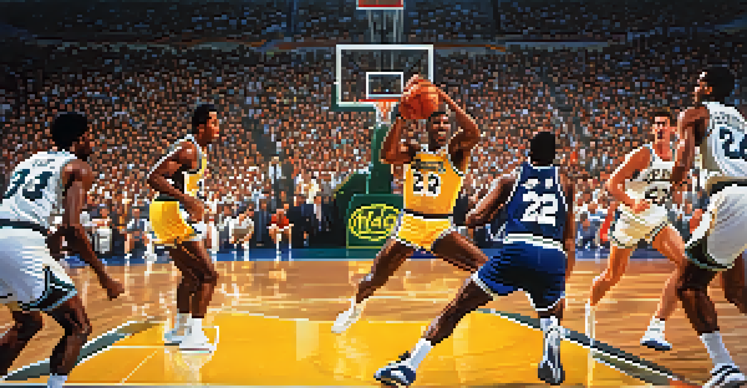 An energetic action shot of Magic Johnson playing basketball, with a lively crowd in the background and bright court lighting.