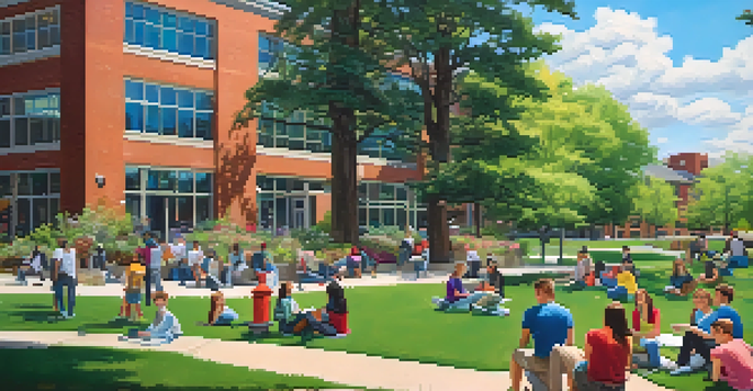 A diverse group of students collaborating outdoors at Michigan State University, with blooming flowers and iconic campus buildings in the background.