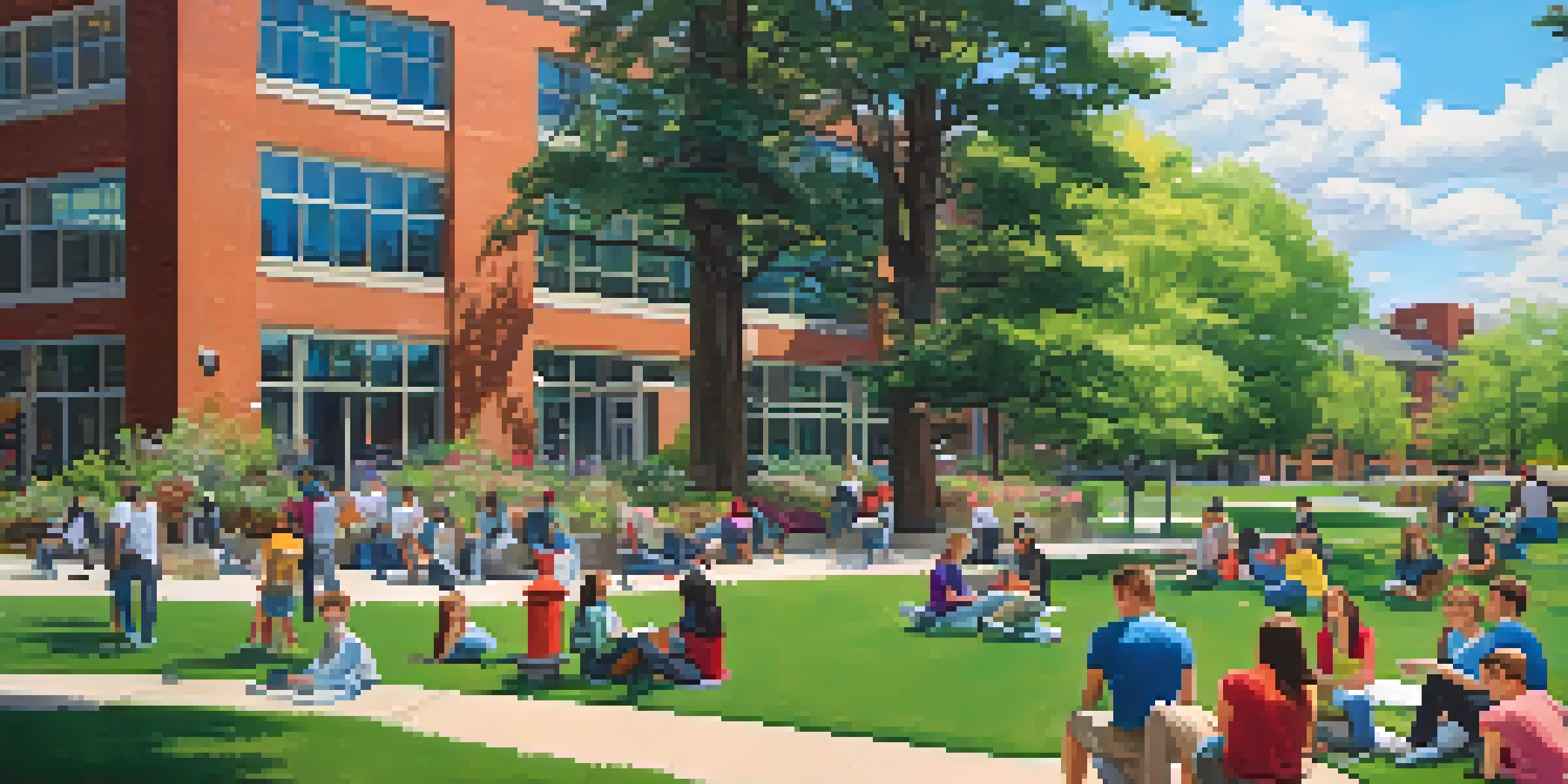 A diverse group of students collaborating outdoors at Michigan State University, with blooming flowers and iconic campus buildings in the background.