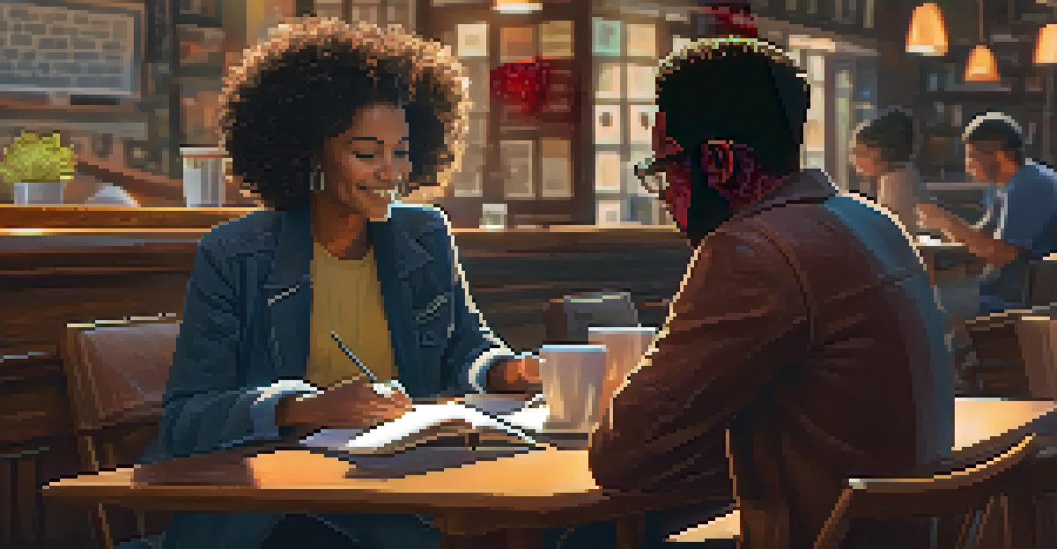 A mentor and mentee engaged in a discussion about educational strategies in a café, with warm lighting and a laptop on the table.