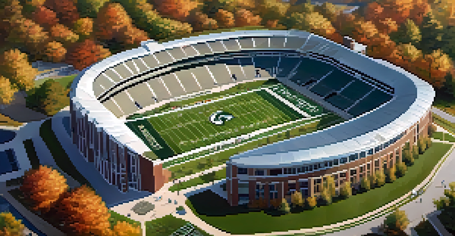 Aerial view of Michigan State University's athletic facilities amidst green trees and fall foliage under a clear blue sky.
