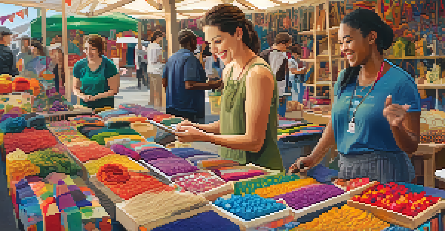 Rachel Adams engaging with artisans in a vibrant marketplace, surrounded by colorful handmade crafts and a banner promoting local businesses.