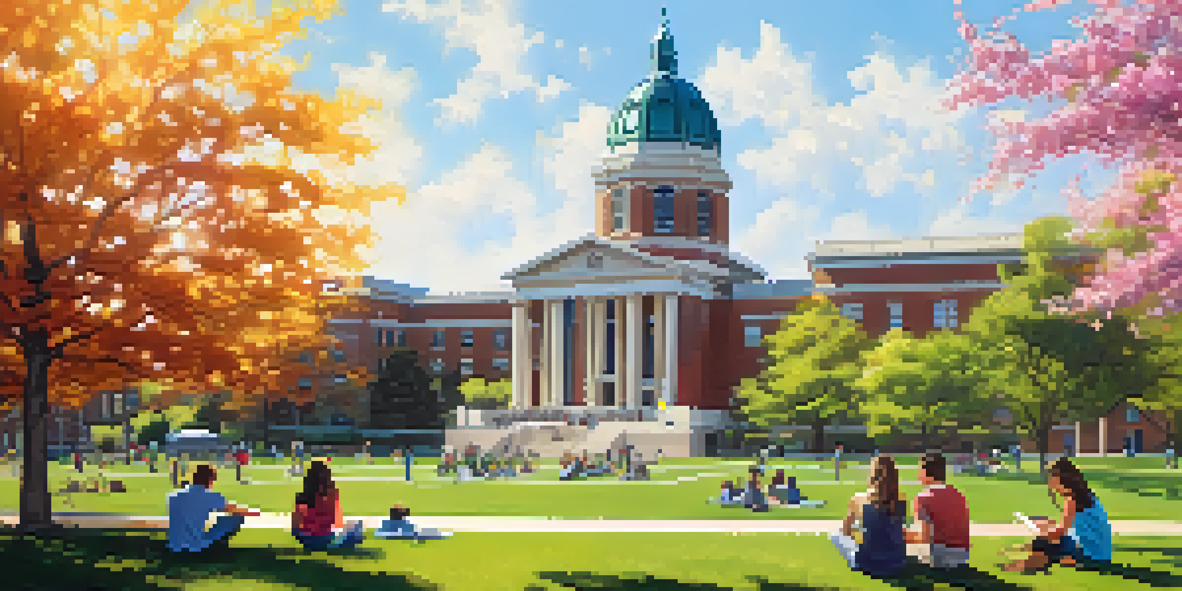 A sunny campus scene at Michigan State University with diverse students studying on the grass, surrounded by blooming trees and flowers, and university buildings in the background.