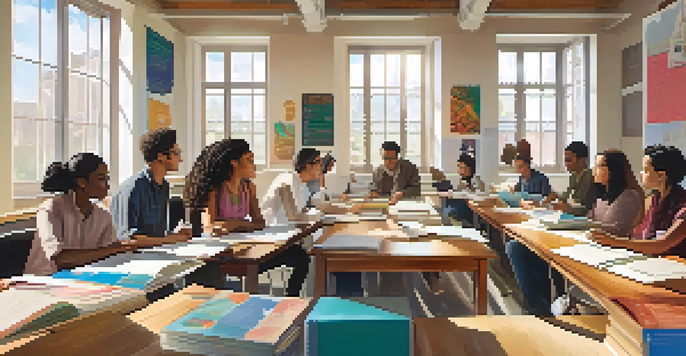 A diverse group of university students collaborating on a project around a table, with books and laptops in a bright room.